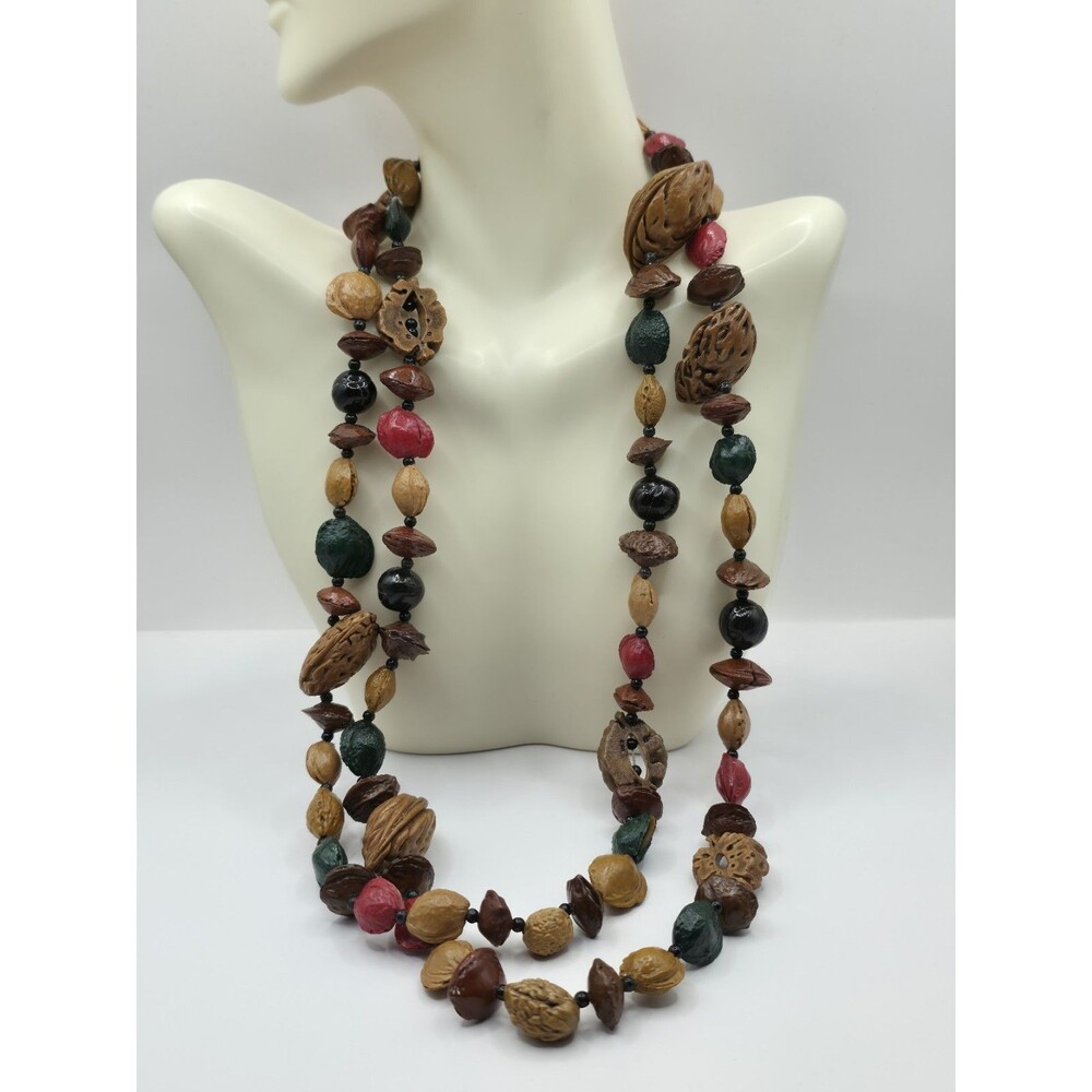 Unique Seed & Nut Plastic Nature Statement Necklace 46"